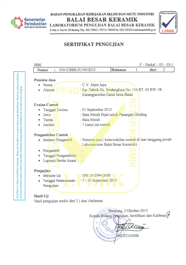 Hasil Pengujian Batu Bata Merah AJ Super Garut